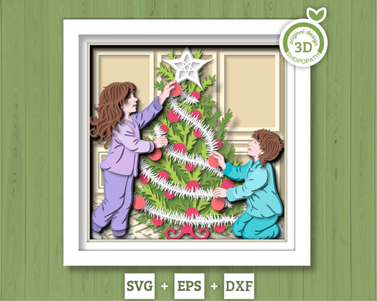 Children Decorating Christmas Tree - 3D Shadow Box Layered SVG DXF EPS (Cutting Files)