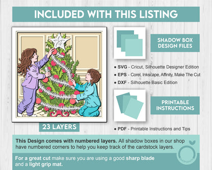 Children Decorating Christmas Tree - 3D Shadow Box Layered SVG DXF EPS (Cutting Files)