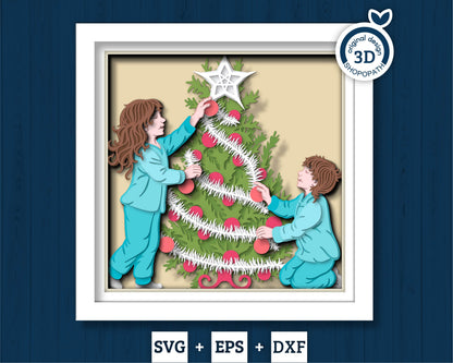 Children Decorating Christmas Tree - 3D Shadow Box Layered SVG DXF EPS (Cutting Files)