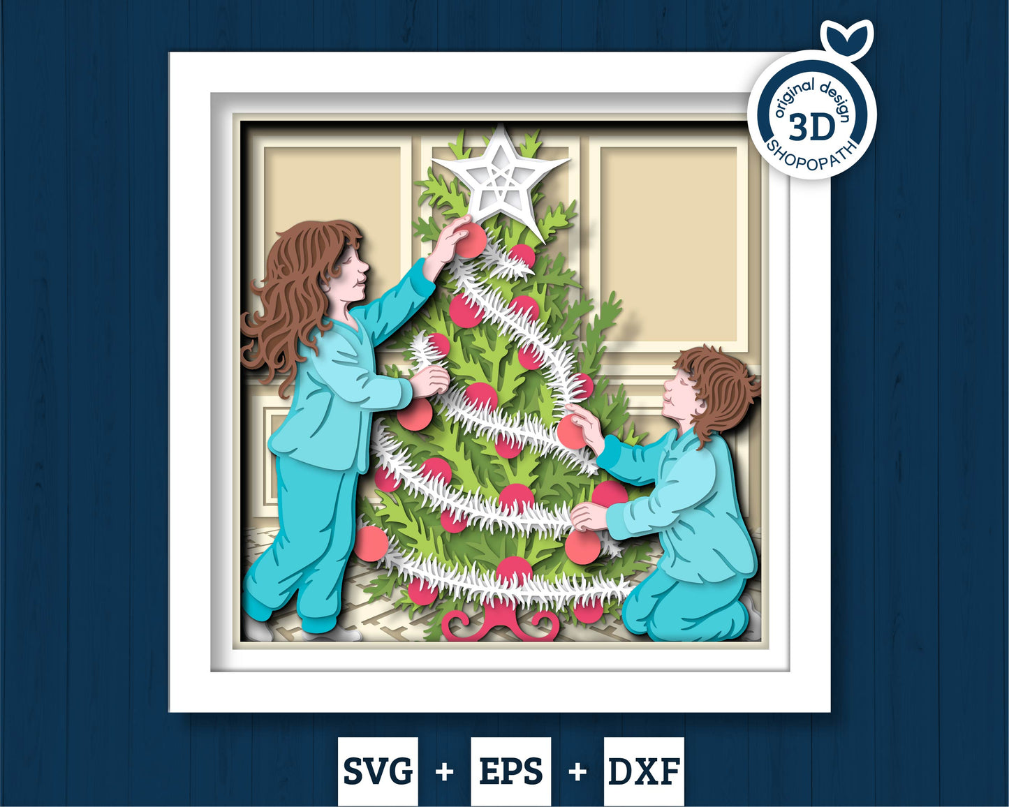 Children Decorating Christmas Tree - 3D Shadow Box Layered SVG DXF EPS (Cutting Files)