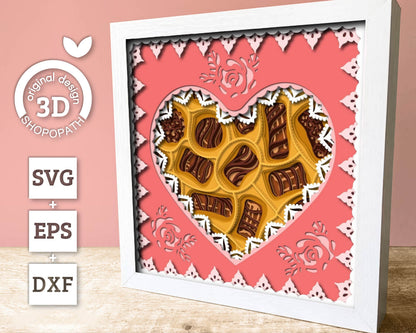 3D Chocolate Box SVG EPS, Heart Shadow Box, Layered Cardstock Candy Love Lace Shadow Box, Valentines 3D Svg, Cake 3D svg Cricut