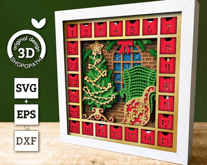 3D SVG Christmas Shadow Box, Advent Calendar Svg, Santa Claus Shadow Box, Christmas Calendar 3D Svg, Christmas Gift Svg, Cricut Silhouette