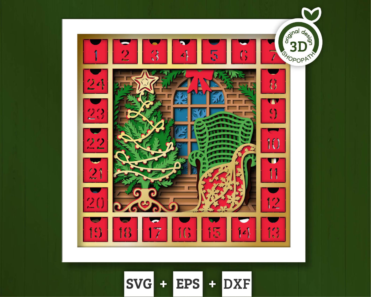 3D SVG Christmas Shadow Box, Advent Calendar Svg, Santa Claus Shadow Box, Christmas Calendar 3D Svg, Christmas Gift Svg, Cricut Silhouette