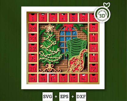 3D SVG Christmas Shadow Box, Advent Calendar Svg, Santa Claus Shadow Box, Christmas Calendar 3D Svg, Christmas Gift Svg, Cricut Silhouette