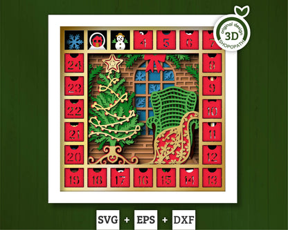 3D SVG Christmas Shadow Box, Advent Calendar Svg, Santa Claus Shadow Box, Christmas Calendar 3D Svg, Christmas Gift Svg, Cricut Silhouette