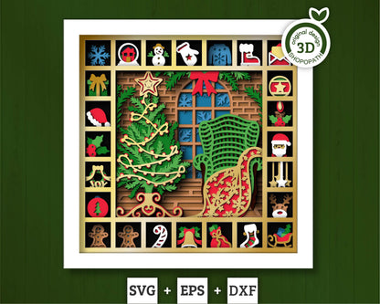 3D SVG Christmas Shadow Box, Advent Calendar Svg, Santa Claus Shadow Box, Christmas Calendar 3D Svg, Christmas Gift Svg, Cricut Silhouette