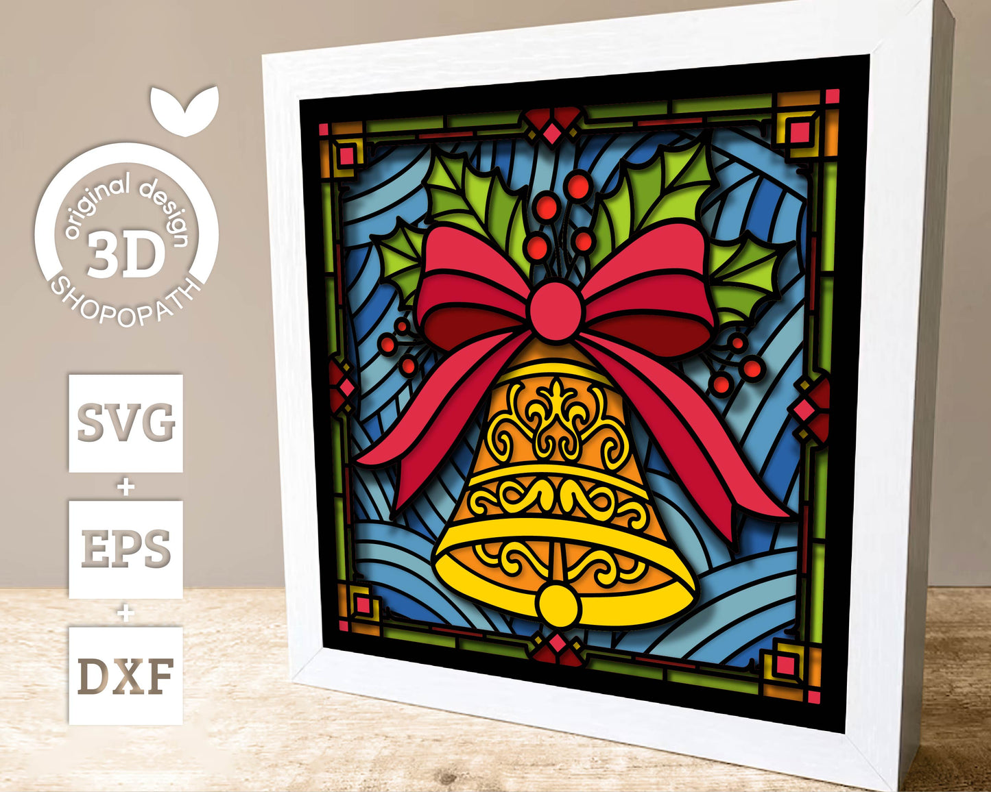 Christmas Bell Stained Glass - 3D Shadow Box Layered SVG DXF EPS (Cutting Files)