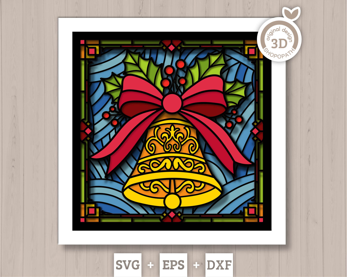 Christmas Bell Stained Glass - 3D Shadow Box Layered SVG DXF EPS (Cutting Files)