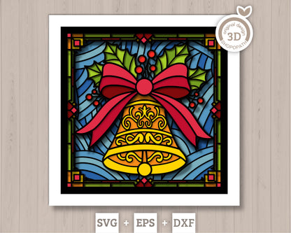 Christmas Bell Stained Glass - 3D Shadow Box Layered SVG DXF EPS (Cutting Files)