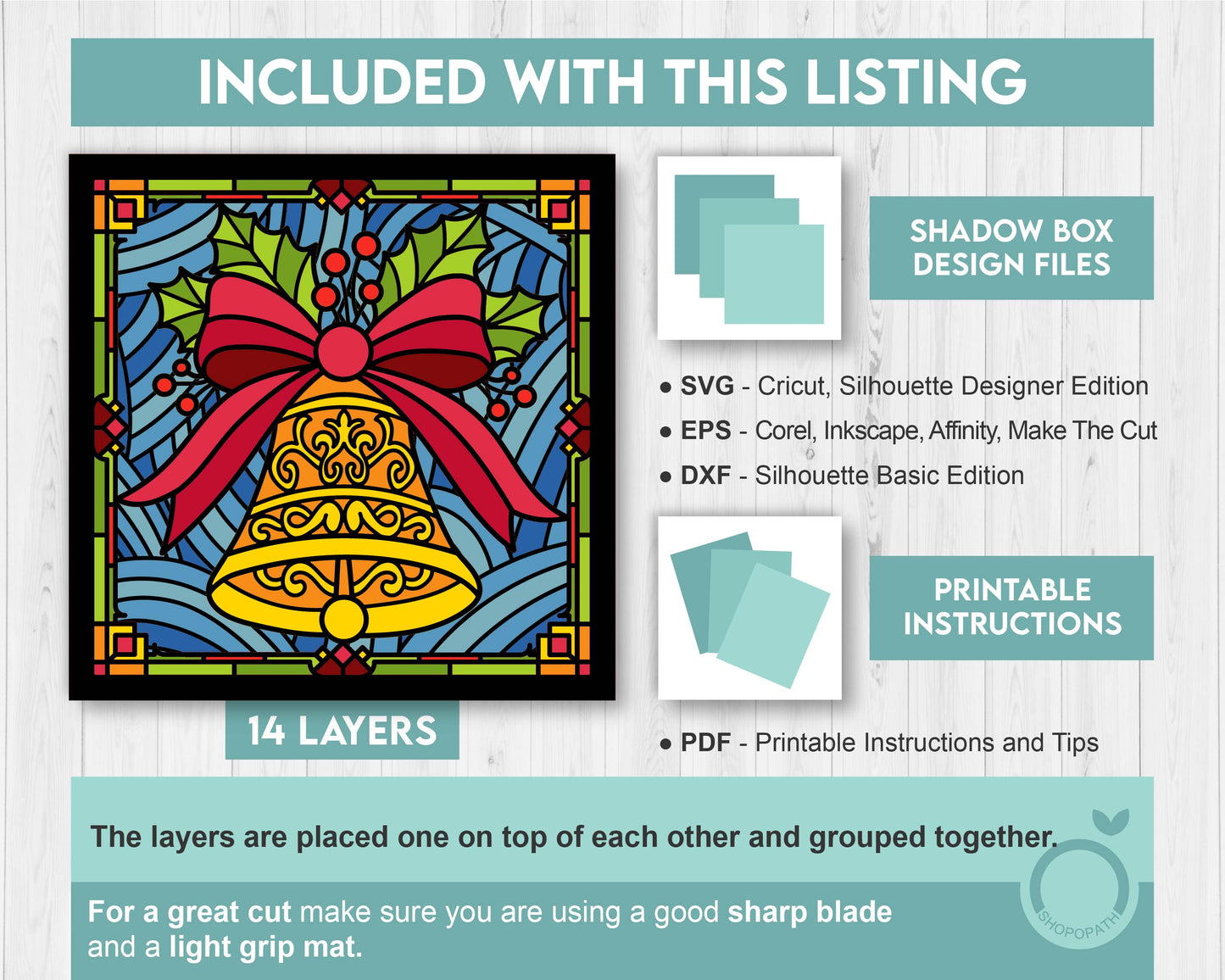 Christmas Bell Stained Glass - 3D Shadow Box Layered SVG DXF EPS (Cutting Files)