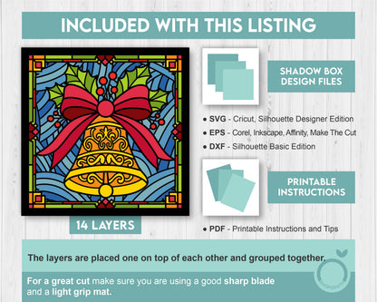 Christmas Bell Stained Glass - 3D Shadow Box Layered SVG DXF EPS (Cutting Files)