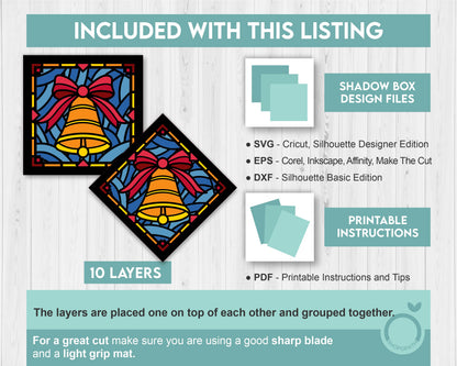 Christmas Bell Stained Glass Mini - 3D Shadow Box Layered SVG DXF EPS (Cutting Files)