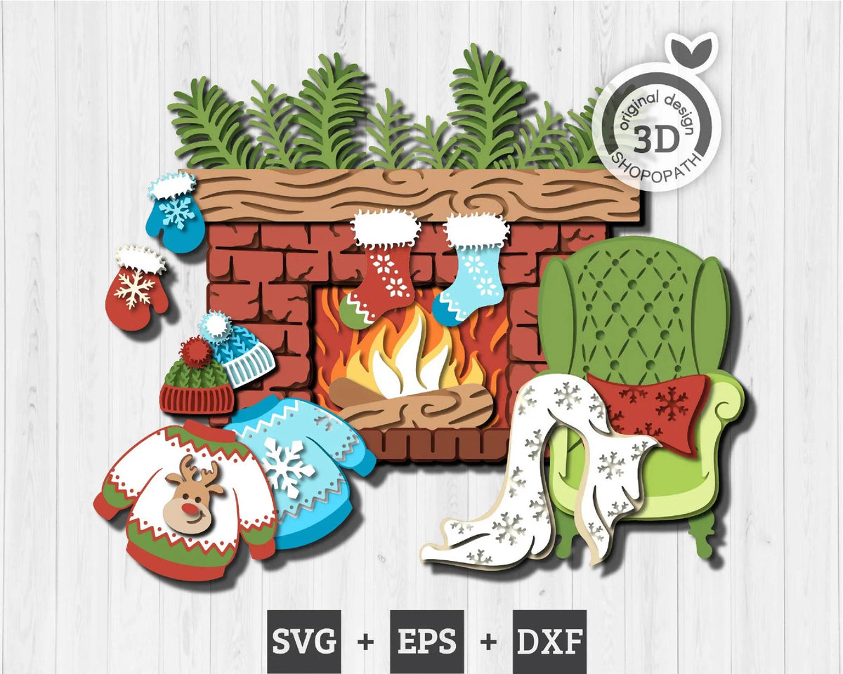 Christmas Fireplace Bundle - 3D Elements Layered SVG DXF EPS for Laser Cut, Glowforge, Cricut (Cutting Files)