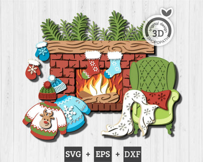 Christmas Fireplace Bundle - 3D Elements Layered SVG DXF EPS for Laser Cut, Glowforge, Cricut (Cutting Files)