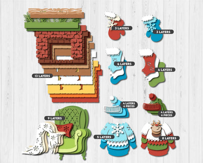 Christmas Fireplace Bundle - 3D Elements Layered SVG DXF EPS for Laser Cut, Glowforge, Cricut (Cutting Files)