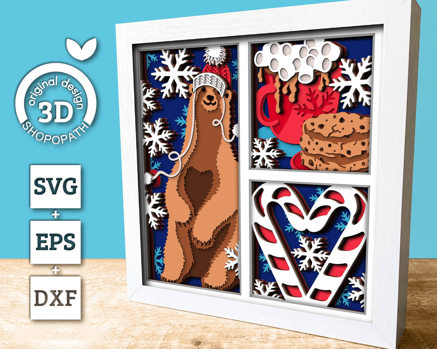3D SVG Christmas Shadow Box, Layered Winter Shadow Box Svg, Christmas Bear 3D Svg, Santa Claus 3d Svg, Snowflakes svg Cricut Silhouette