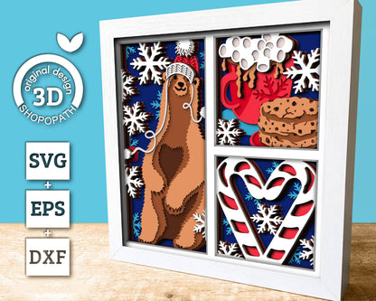 3D SVG Christmas Shadow Box, Layered Winter Shadow Box Svg, Christmas Bear 3D Svg, Santa Claus 3d Svg, Snowflakes svg Cricut Silhouette