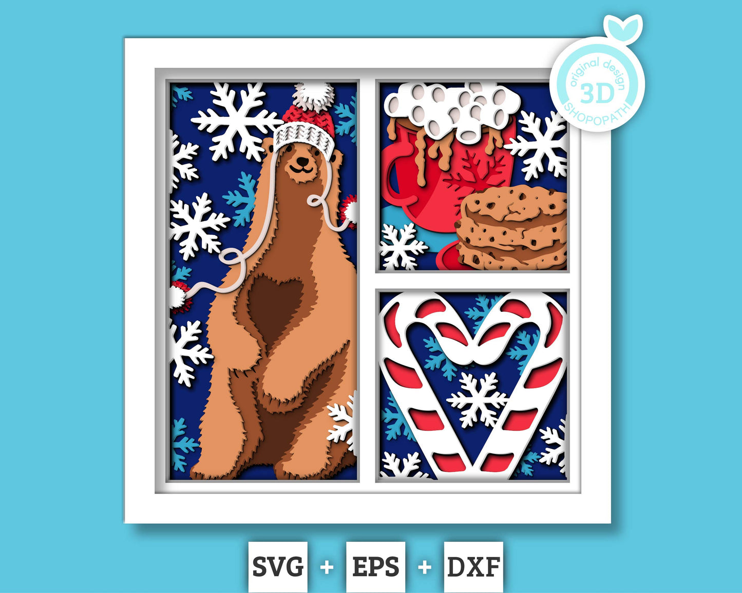 3D SVG Christmas Shadow Box, Layered Winter Shadow Box Svg, Christmas Bear 3D Svg, Santa Claus 3d Svg, Snowflakes svg Cricut Silhouette
