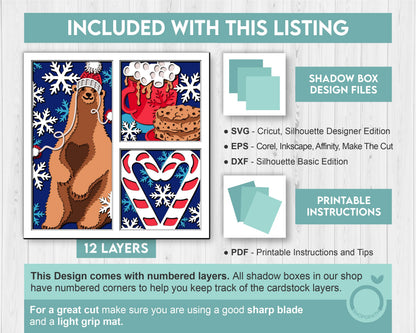 3D SVG Christmas Shadow Box, Layered Winter Shadow Box Svg, Christmas Bear 3D Svg, Santa Claus 3d Svg, Snowflakes svg Cricut Silhouette