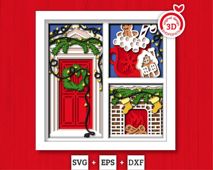 3D SVG Christmas Shadow Box, Layered Winter Svg, Winter Shadow Box, Christmas Socks 3D Svg, Christmas Door 3d Svg, Cricut Silhouette