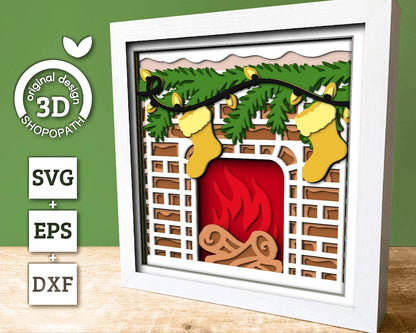 3D SVG Christmas Shadow Box, Layered Winter Svg, Winter Shadow Box, Christmas Stockings 3D Svg Christmas Fireplace 3d Svg, Cricut Silhouette