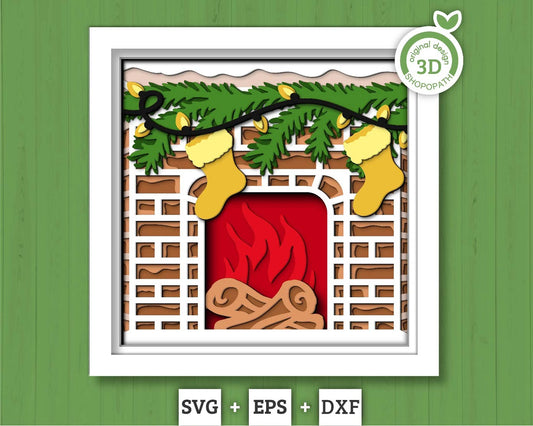 3D SVG Christmas Shadow Box, Layered Winter Svg, Winter Shadow Box, Christmas Stockings 3D Svg Christmas Fireplace 3d Svg, Cricut Silhouette