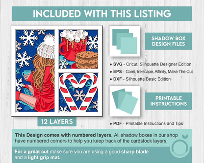 3D SVG Christmas Shadow Box, Layered Winter Shadow Box Svg, Christmas Socks 3D Svg, Santa Claus 3d Svg, Snowflakes svg Cricut Silhouette
