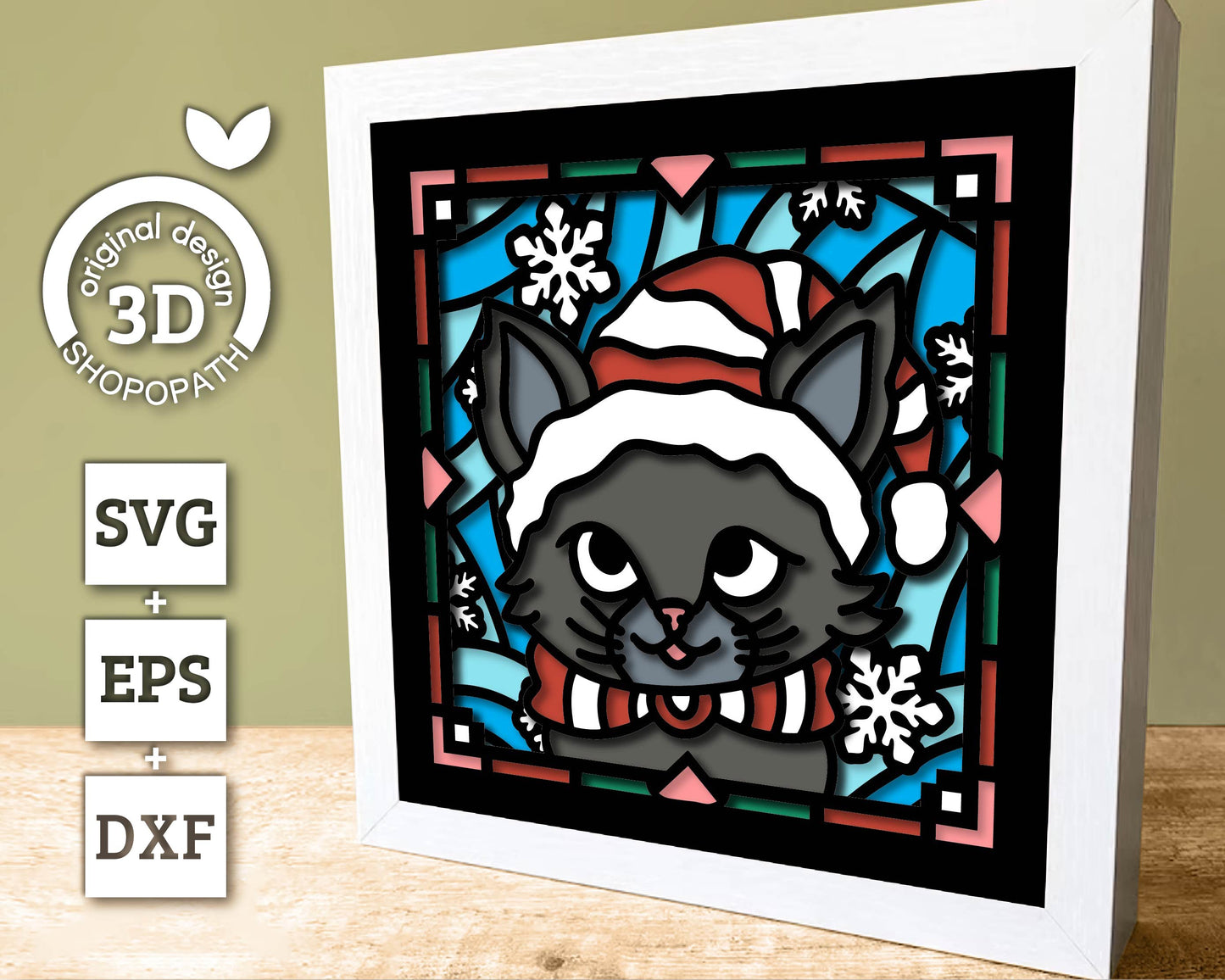 3D SVG Stained Glass Kitten With Santa Hat Shadow Box, 3D SVG Christmas, 3D SVG Santa, 3D svg Cat, Shopopath 3D Svg, Cricut Silhouette