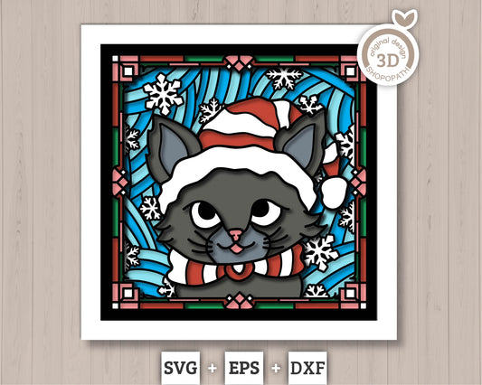 3D SVG Stained Glass Kitten With Santa Hat Shadow Box, 3D SVG Christmas, 3D SVG Santa, 3D svg Cat, Shopopath 3D Svg, Cricut Silhouette