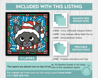 3D SVG Stained Glass Kitten With Santa Hat Shadow Box, 3D SVG Christmas, 3D SVG Santa, 3D svg Cat, Shopopath 3D Svg, Cricut Silhouette