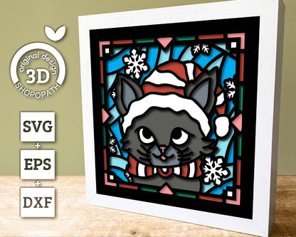 3D SVG Stained Glass Kitten With Santa Hat Shadow Box, 3D SVG Christmas, Cat 3D Svg, 3D SVG Santa, Shopopath 3D svg, Cricut Silhouette