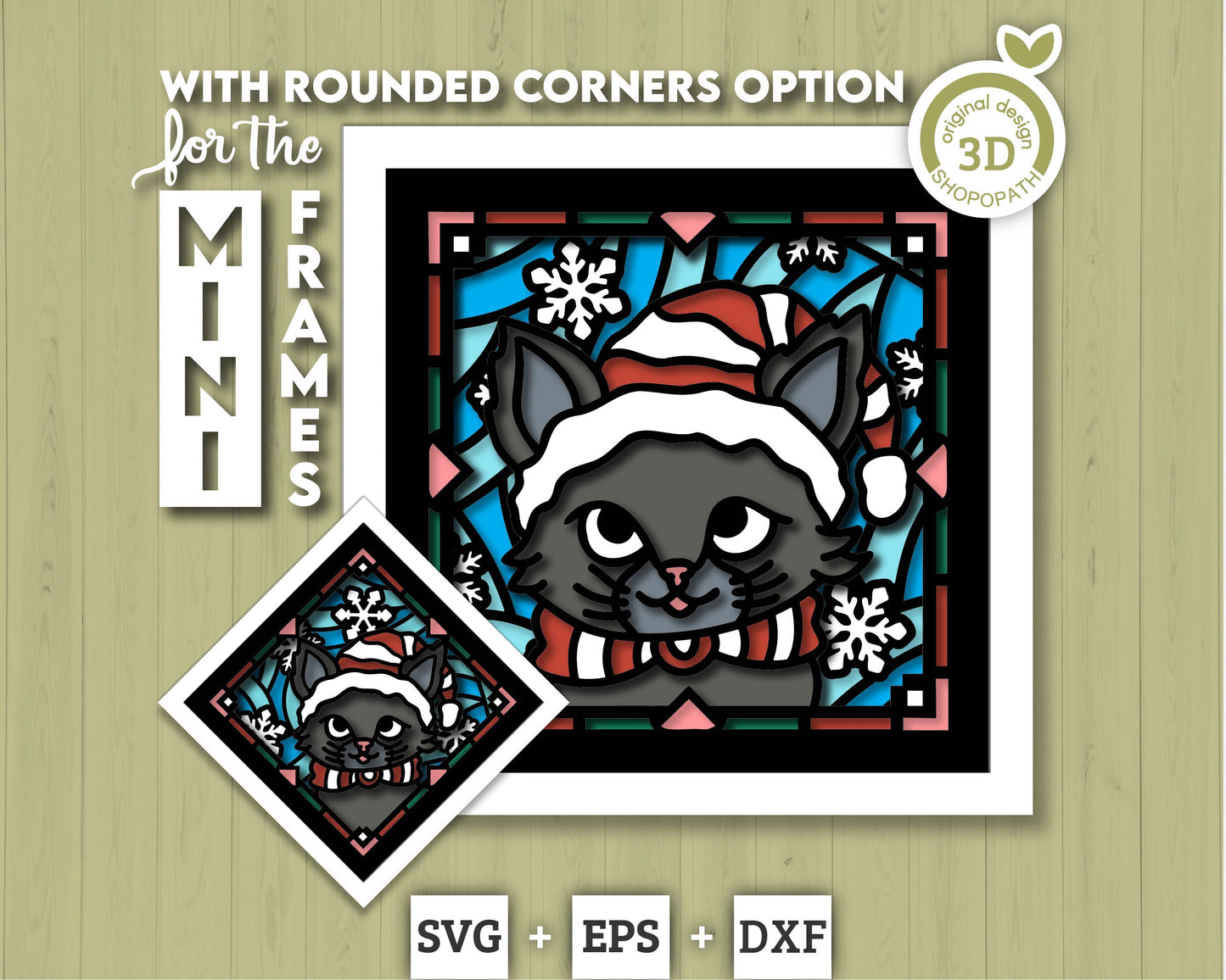 3D SVG Stained Glass Kitten With Santa Hat Shadow Box, 3D SVG Christmas, Cat 3D Svg, 3D SVG Santa, Shopopath 3D svg, Cricut Silhouette