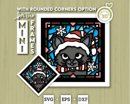 3D SVG Stained Glass Kitten With Santa Hat Shadow Box, 3D SVG Christmas, Cat 3D Svg, 3D SVG Santa, Shopopath 3D svg, Cricut Silhouette