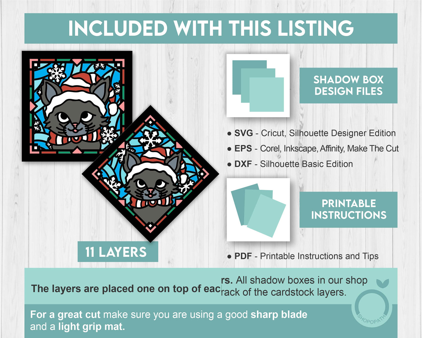 3D SVG Stained Glass Kitten With Santa Hat Shadow Box, 3D SVG Christmas, Cat 3D Svg, 3D SVG Santa, Shopopath 3D svg, Cricut Silhouette