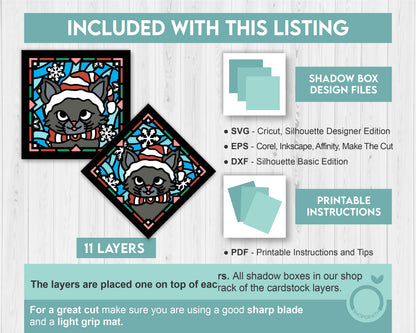 3D SVG Stained Glass Kitten With Santa Hat Shadow Box, 3D SVG Christmas, Cat 3D Svg, 3D SVG Santa, Shopopath 3D svg, Cricut Silhouette