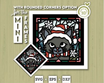 3D SVG Stained Glass Kitten With Santa Hat Shadow Box, 3D SVG Christmas, Cat 3D Svg, 3D SVG Santa, Shopopath 3D svg, Cricut Silhouette