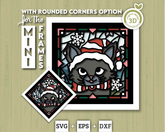 3D SVG Stained Glass Kitten With Santa Hat Shadow Box, 3D SVG Christmas, Cat 3D Svg, 3D SVG Santa, Shopopath 3D svg, Cricut Silhouette