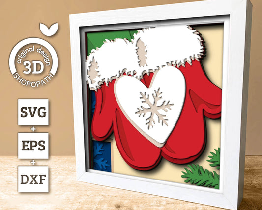 3D SVG Christmas Shadow Box, Layered Winter Shadow Box Svg, Christmas Mittens 3D Svg, Winter Heart 3d Svg, Snowflakes svg Cricut Silhouette