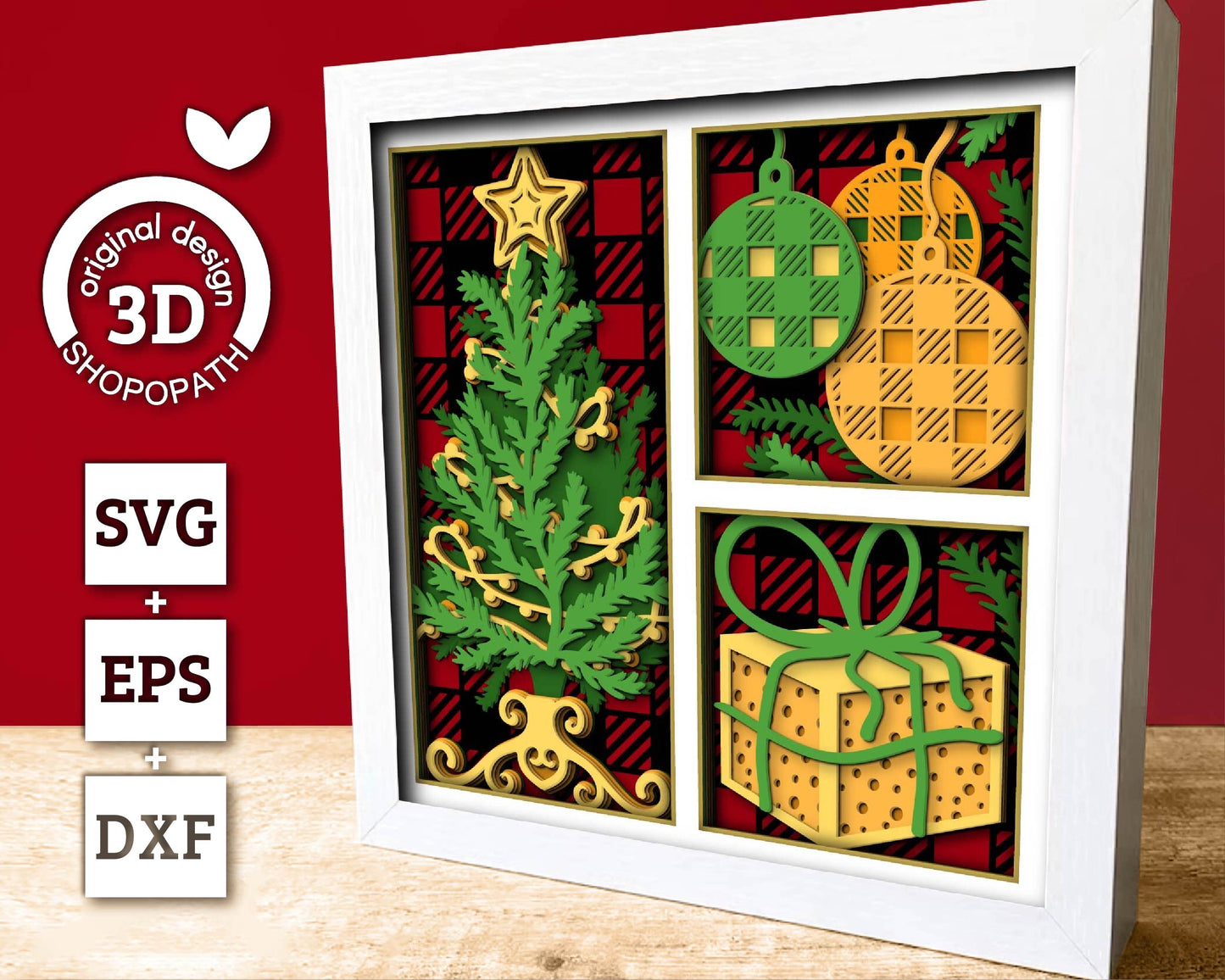 3D SVG Christmas Shadow Box, Layered Winter Shadow Box Svg, Christmas Tree 3D Svg, Santa Claus 3d Svg, Plaid Ornaments svg Cricut Silhouette