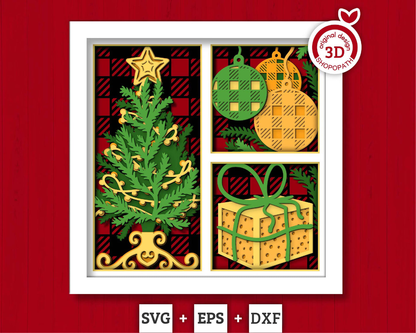 3D SVG Christmas Shadow Box, Layered Winter Shadow Box Svg, Christmas Tree 3D Svg, Santa Claus 3d Svg, Plaid Ornaments svg Cricut Silhouette
