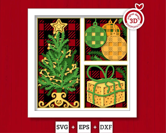 3D SVG Christmas Shadow Box, Layered Winter Shadow Box Svg, Christmas Tree 3D Svg, Santa Claus 3d Svg, Plaid Ornaments svg Cricut Silhouette