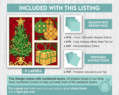 3D SVG Christmas Shadow Box, Layered Winter Shadow Box Svg, Christmas Tree 3D Svg, Santa Claus 3d Svg, Plaid Ornaments svg Cricut Silhouette