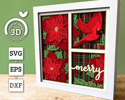3D SVG Cardinal Bird Shadow Box, Christmas Shadow Box, Layered Poinsettia Svg, Santa Claus Shadow Box, Winter 3d Svg, Cricut Silhouette
