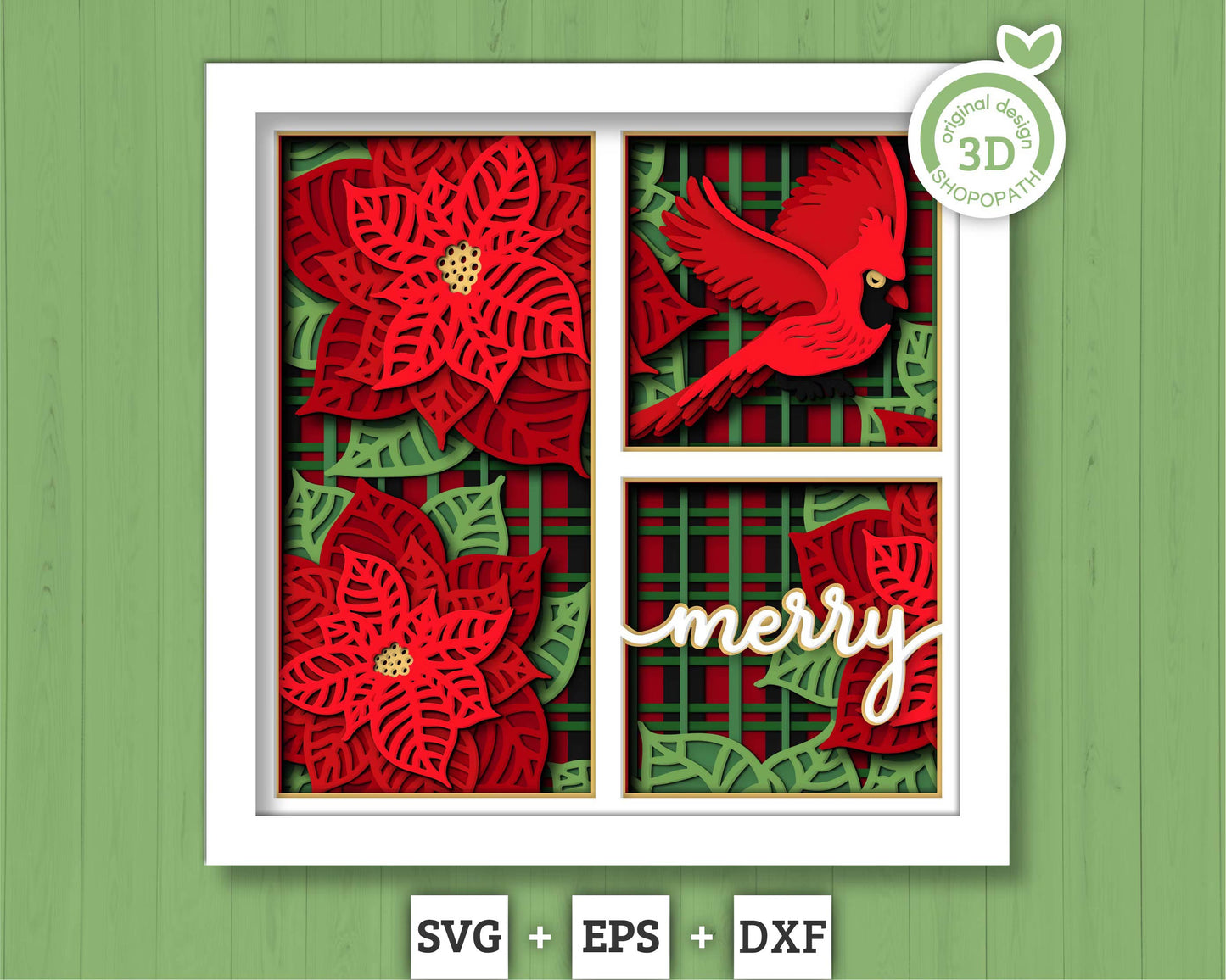 3D SVG Cardinal Bird Shadow Box, Christmas Shadow Box, Layered Poinsettia Svg, Santa Claus Shadow Box, Winter 3d Svg, Cricut Silhouette