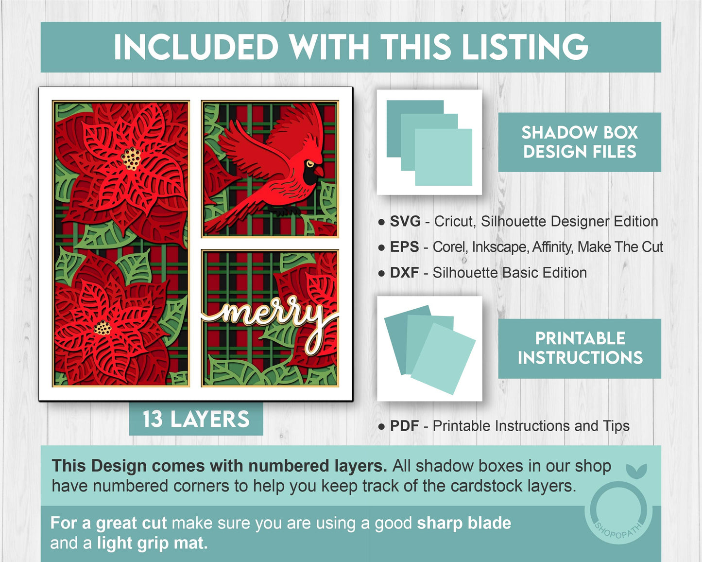 3D SVG Cardinal Bird Shadow Box, Christmas Shadow Box, Layered Poinsettia Svg, Santa Claus Shadow Box, Winter 3d Svg, Cricut Silhouette