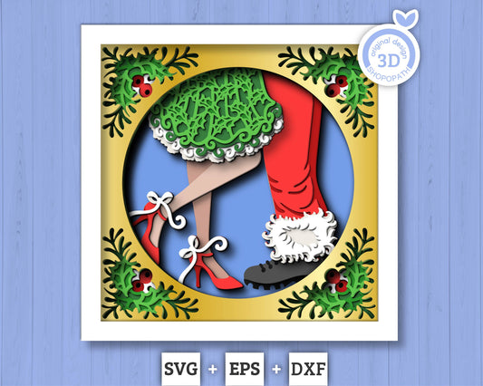 3D SVG Christmas Shadow Box, Layered Winter Love Shadow Box Svg, Romantic Couple 3D Svg, Santa Claus 3d Svg Mistletoe svg Cricut Silhouette