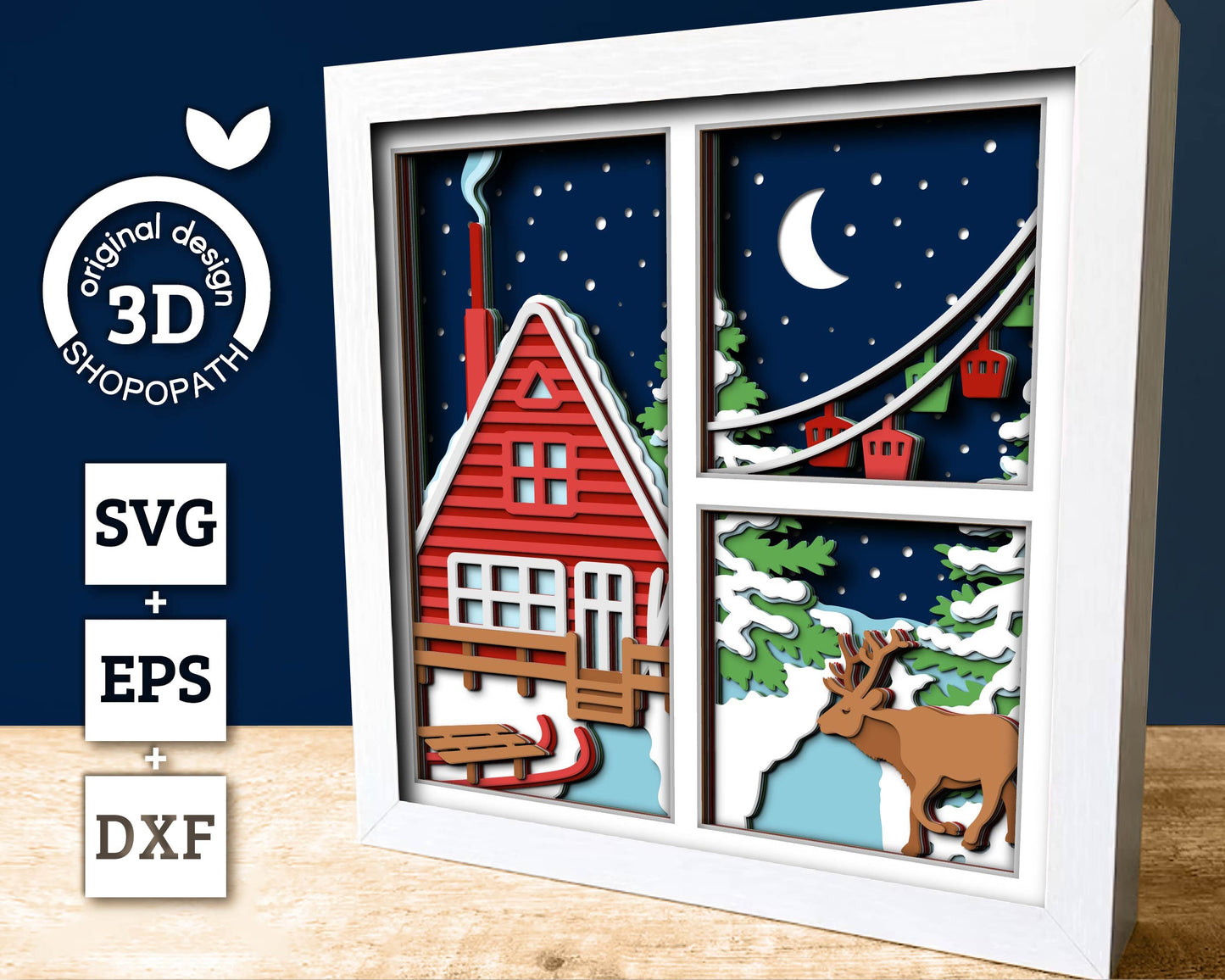 3D SVG Winter Shadow Box, Layered Winter Cabin Svg, Ski Lodge, Reindeer Moose 3D Svg, Christmas Snow Woods 3d Svg, Cricut Silhouette