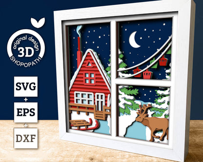 3D SVG Winter Shadow Box, Layered Winter Cabin Svg, Ski Lodge, Reindeer Moose 3D Svg, Christmas Snow Woods 3d Svg, Cricut Silhouette