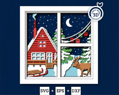 3D SVG Winter Shadow Box, Layered Winter Cabin Svg, Ski Lodge, Reindeer Moose 3D Svg, Christmas Snow Woods 3d Svg, Cricut Silhouette
