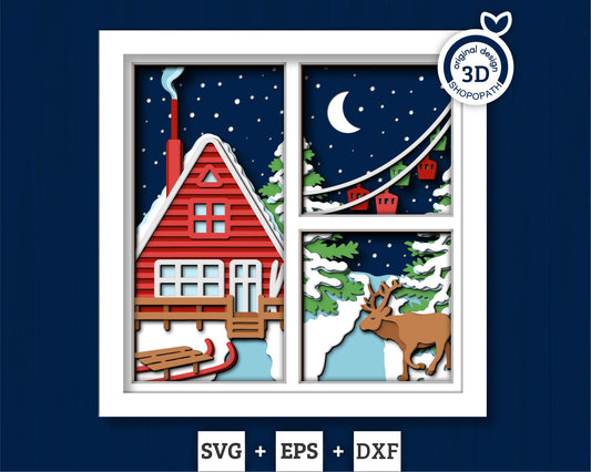 3D SVG Winter Shadow Box, Layered Winter Cabin Svg, Ski Lodge, Reindeer Moose 3D Svg, Christmas Snow Woods 3d Svg, Cricut Silhouette
